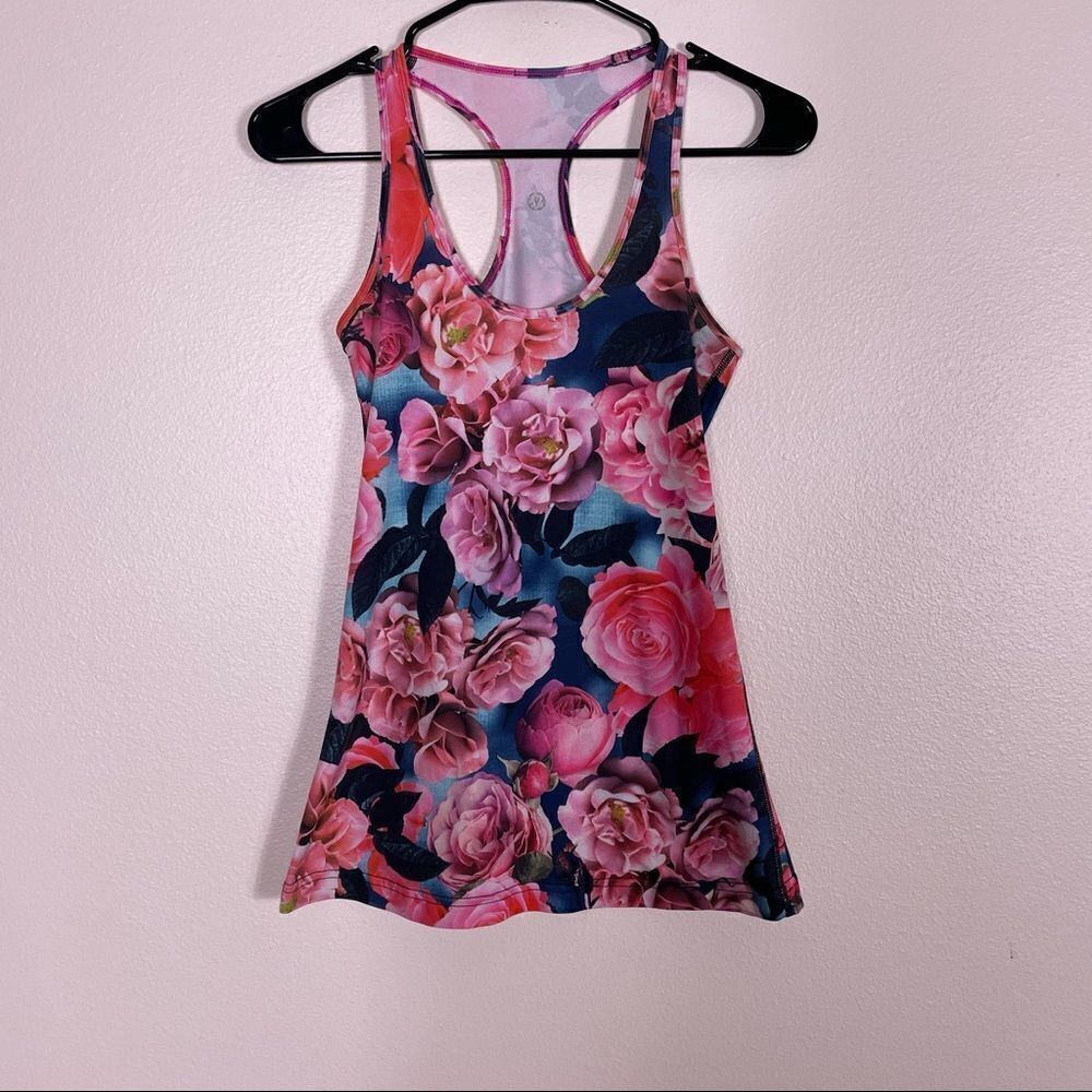 Lululemon Blue with Pink Rose Floral Cool Racerback Tank Top